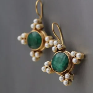 Edwardian Style Earrings Green Pearl Gold Dangle Drop Vintage