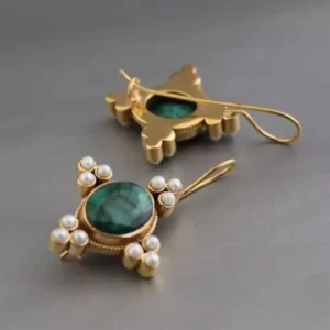 Edwardian Style Earrings Green Pearl Gold Dangle Drop Vintage