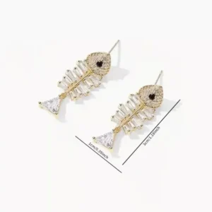 Fish Bone Earrings Sparkling Zirconia Crystal Gold Drop Dangle CZ Jewelry