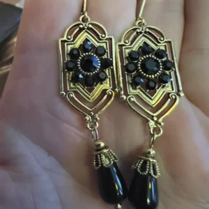 Geometric Gold Dangle Earrings Boho Black Court Beaded VTG Royal Palace Style. Drop Earrings Brass