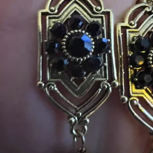 Geometric Gold Dangle Earrings Boho Black Court Beaded VTG Royal Palace Style. Drop Earrings Brass