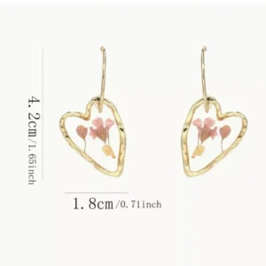 Hoop Earrings Dried Flower Heart Pendant Pink Gold Tone Dangle Drop Style