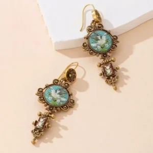 Ornate Dove Bird Earrings, Flower Vintage Palace Style, White Gold Tone, Court Royal Queen Jewelry