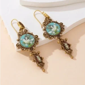 Ornate Dove Bird Earrings, Flower Vintage Palace Style, White Gold Tone, Court Royal Queen Jewelry