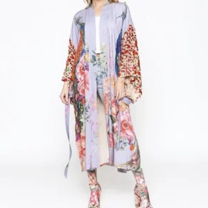 Peacock Kimono Robe - One Size - Purple Bird Floral Satin - Belted
