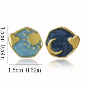 Sun Moon Heart Earrings: Enamel 18K Gold Plated Oil Post Stud Star Asymmetrical Design