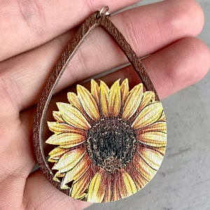 Sunflower Cactus Laser Cutout Wood Teardrop Earrings - Boutique Gifts for Women