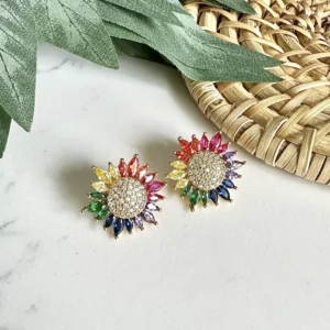 Sunflower Earrings - Mini Pave Cubic Zirconia Studs - Summer Gift Jewelry