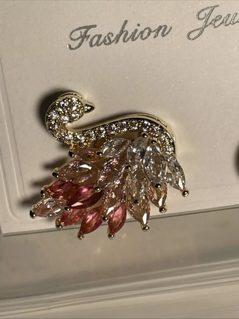 Swan Earrings Gold Pink Crystal CZ Stud Earrings Pave Plated